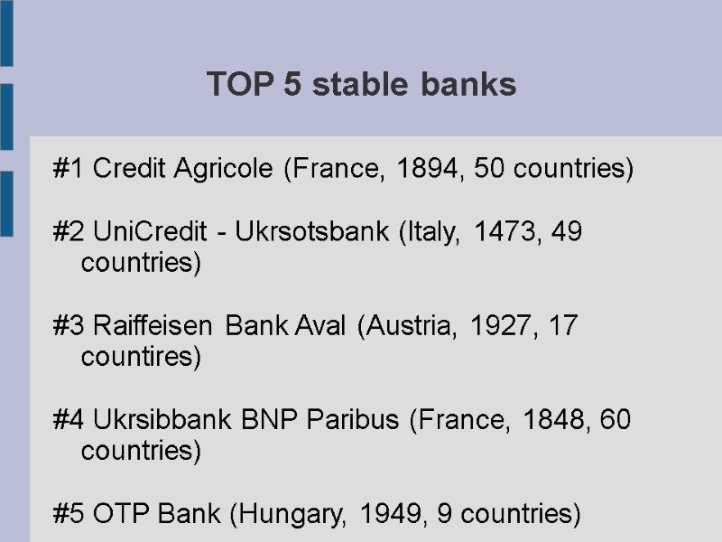 TOP 5 stable banks #1 Credit Agricole (France, 1894, 50 countries)  #2 UniCredit